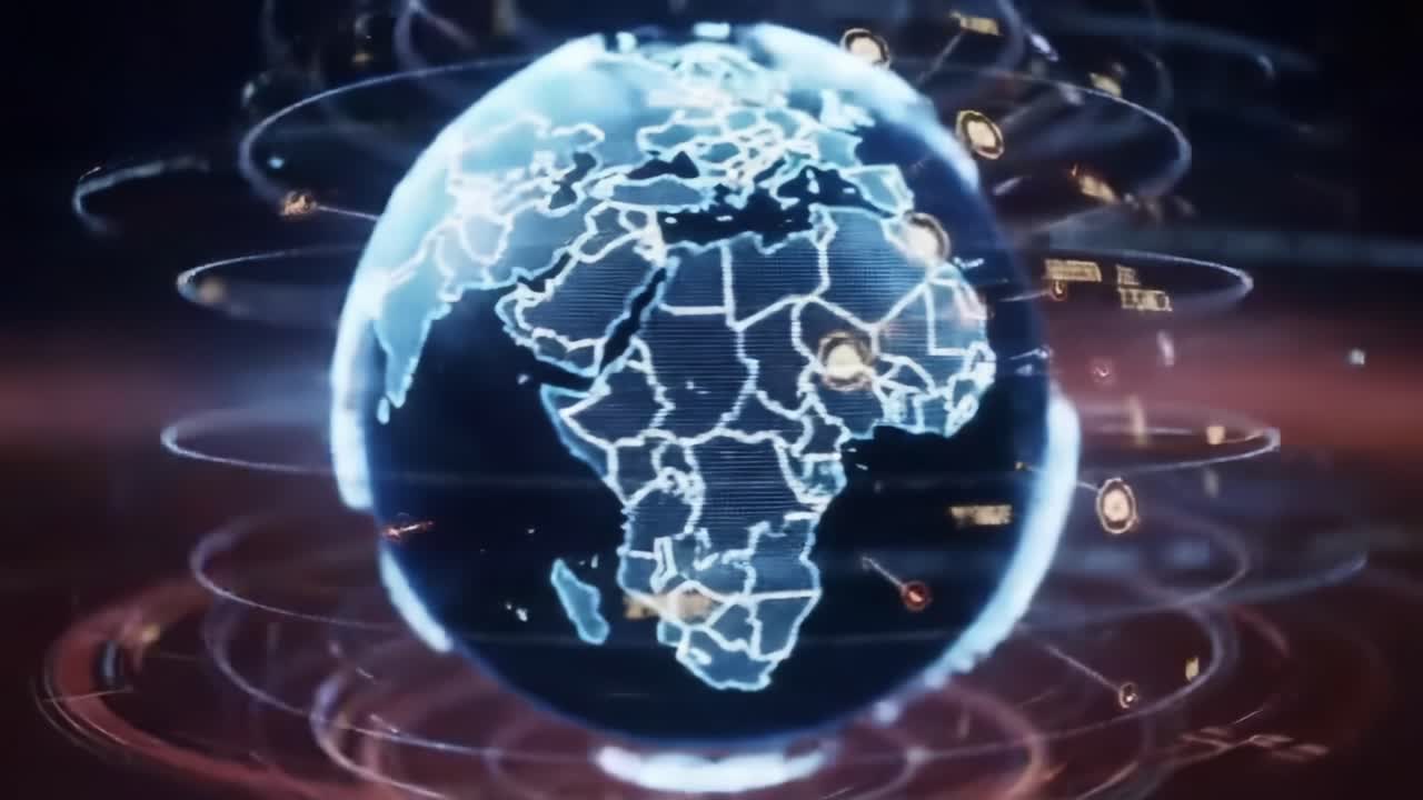 A Stunning Look at a Digital Representation of Earth with Dynamic Data Visualizations in a Sci-Fi Style, Showcasing Continents, Oceans, and Global Connectivity