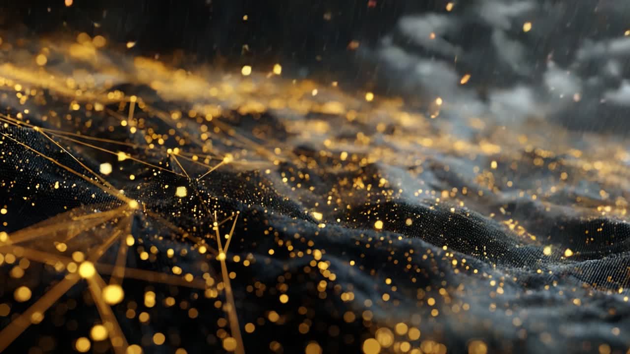 A mesmerizing close-up of an abstract landscape shimmering with golden particles and connected lines, creating a dynamic and ethereal visual representation of a futuristic digital environment