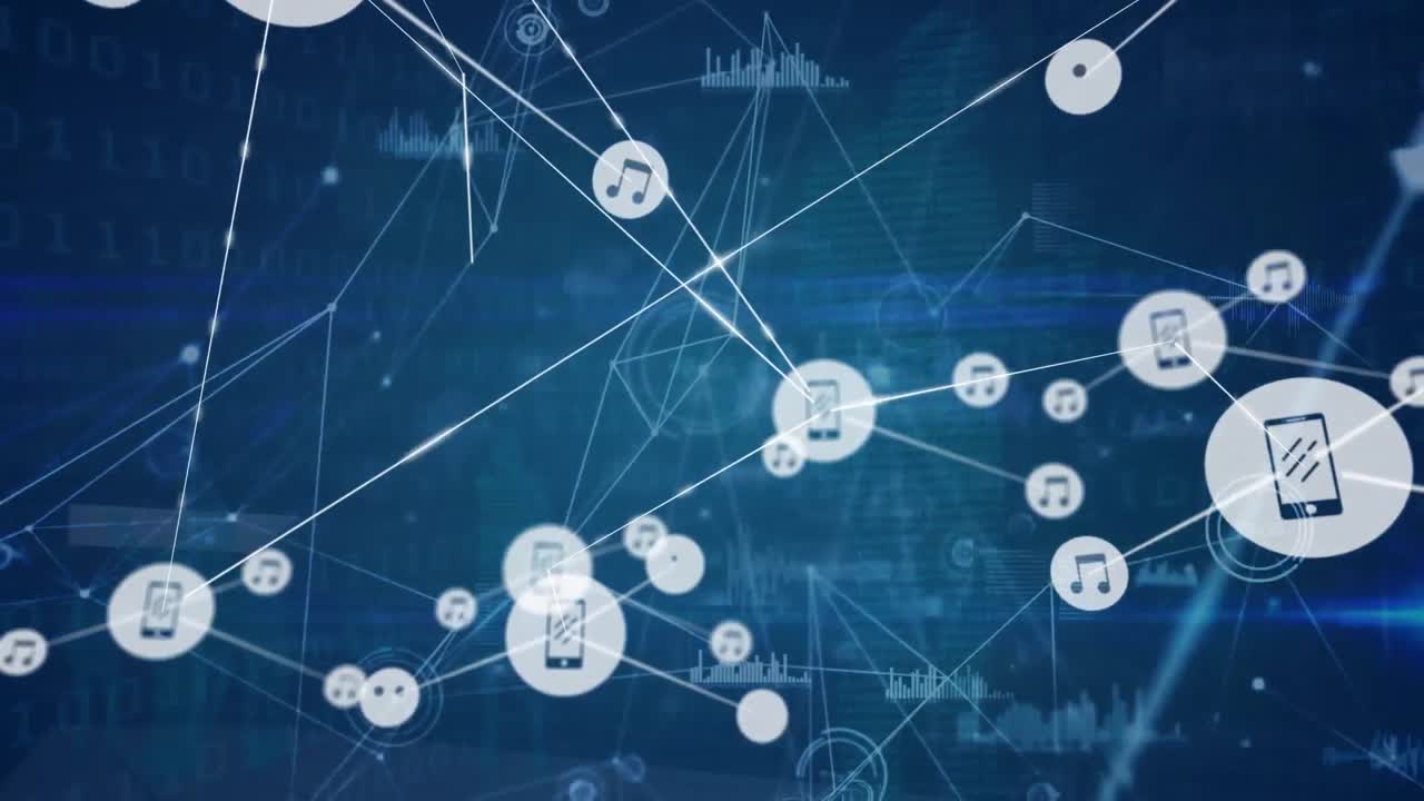 디지털 아이콘 네트워크의 애니메이션과 파란색 배경에 대한 빛 트레일에 대한 데이터 처리