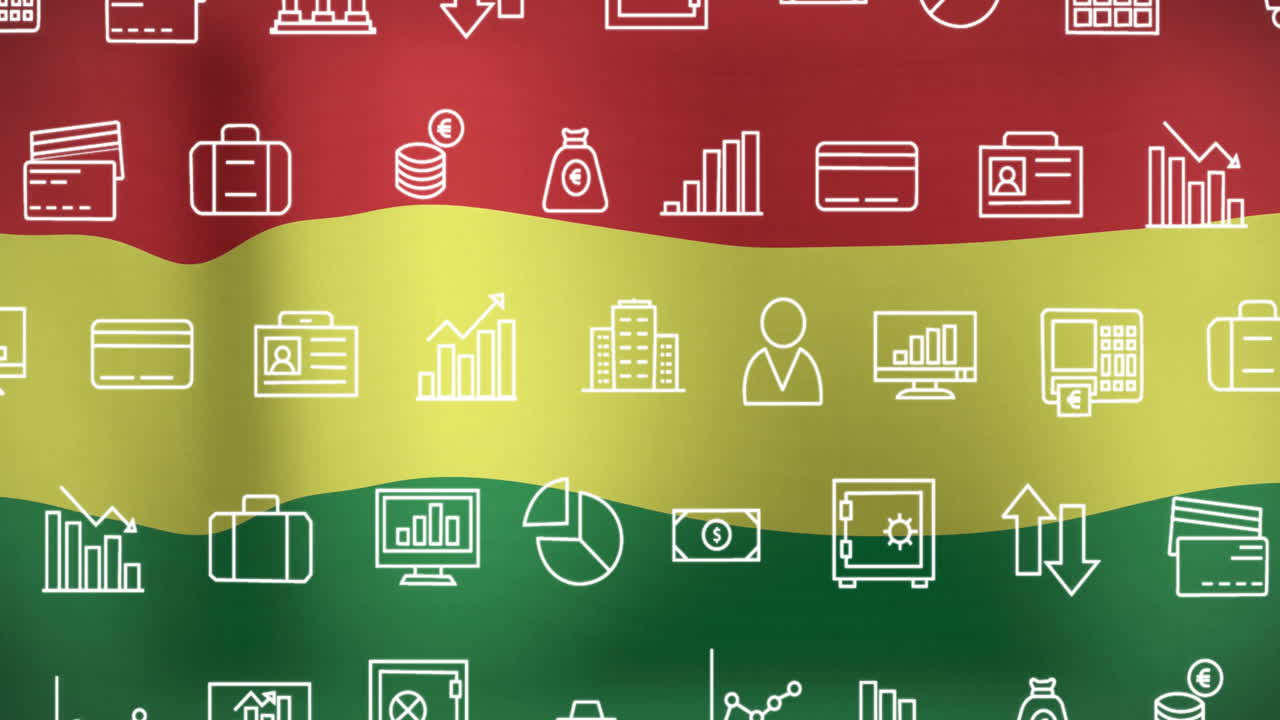 Animation of financial and business icons on red, yellow, green striped background