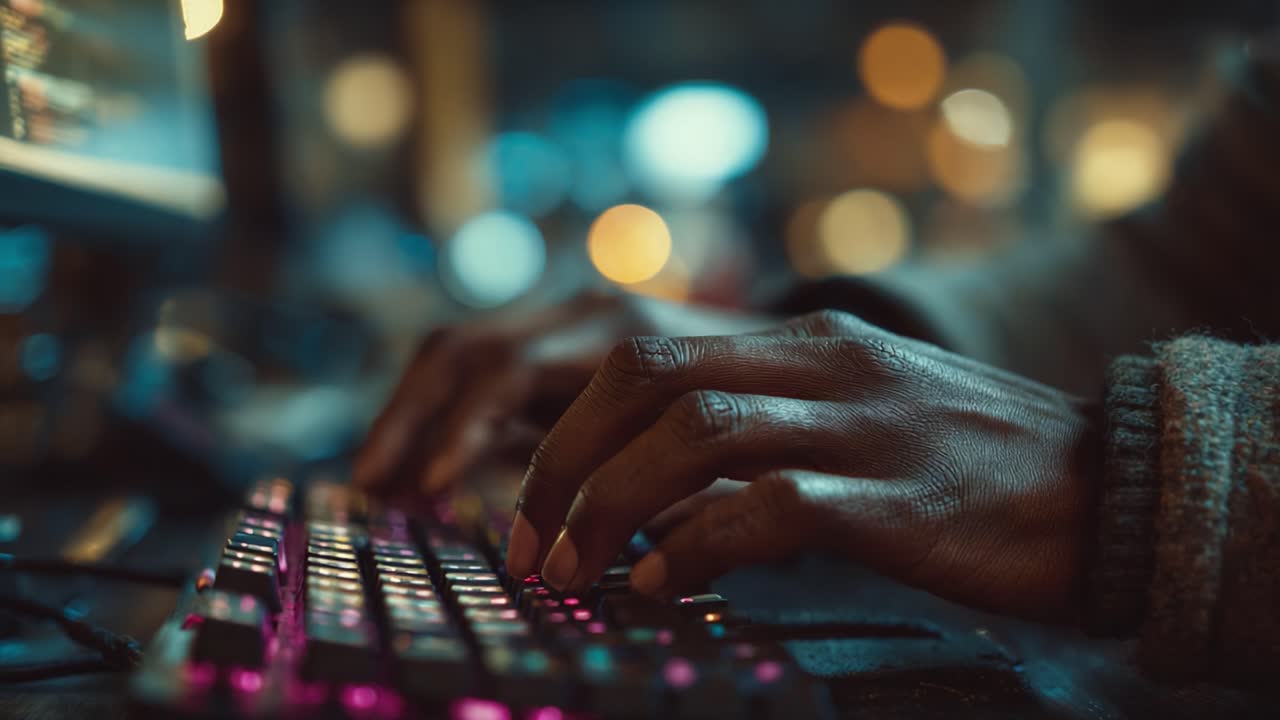 A Close-Up Focus on Digital Interaction: Capturing the Intense Moment of Hands Typing on a Keyboard Amidst a Vibrant Background of Blurry Lights