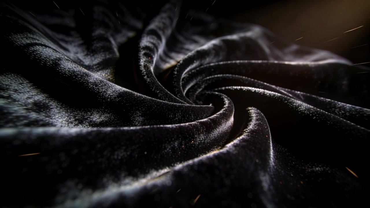 Following rim light rising, black velvet swirl tightening in studio closeup, with drifting fibers