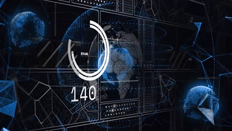 Animation-of-loading-circles-with-changing-numbers-over-connected-dots-and-globes