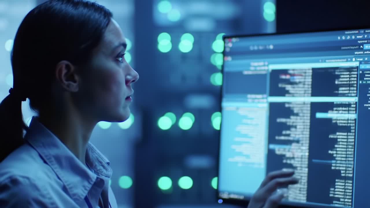 Focused Analyst Working on Complex Data Sets in a High-Tech Environment Surrounded by Modern Computer Equipment and Illuminated Server Racks