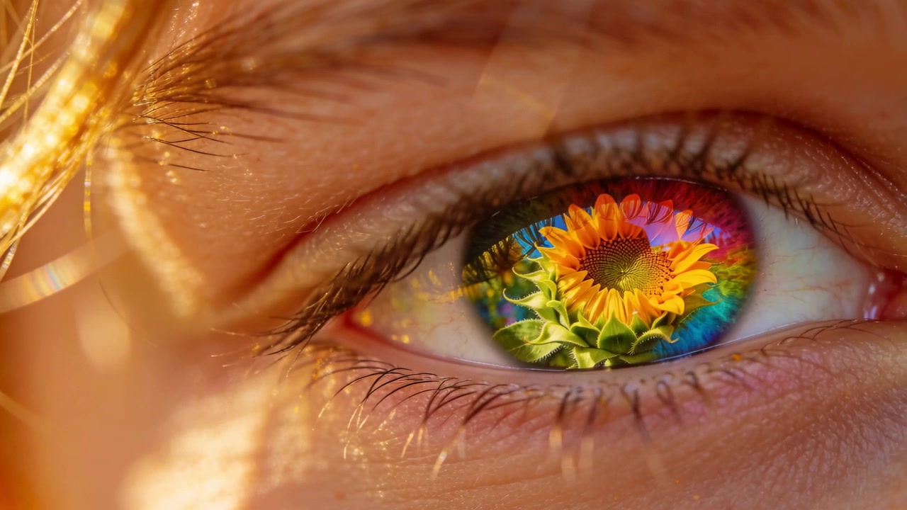 Blickendes erwachsenes Auge reagiert auf warmes Licht von links in extremer Nahaufnahme und zeigt eine Sonnenblumenreflexion.