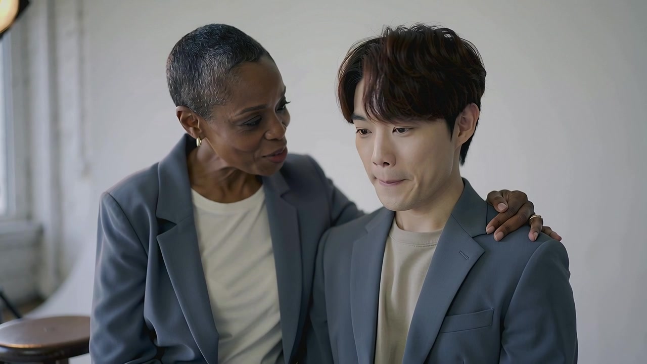 Leaning mentor woman placing hand on man, speaking to calm him in studio softbox gray blazers