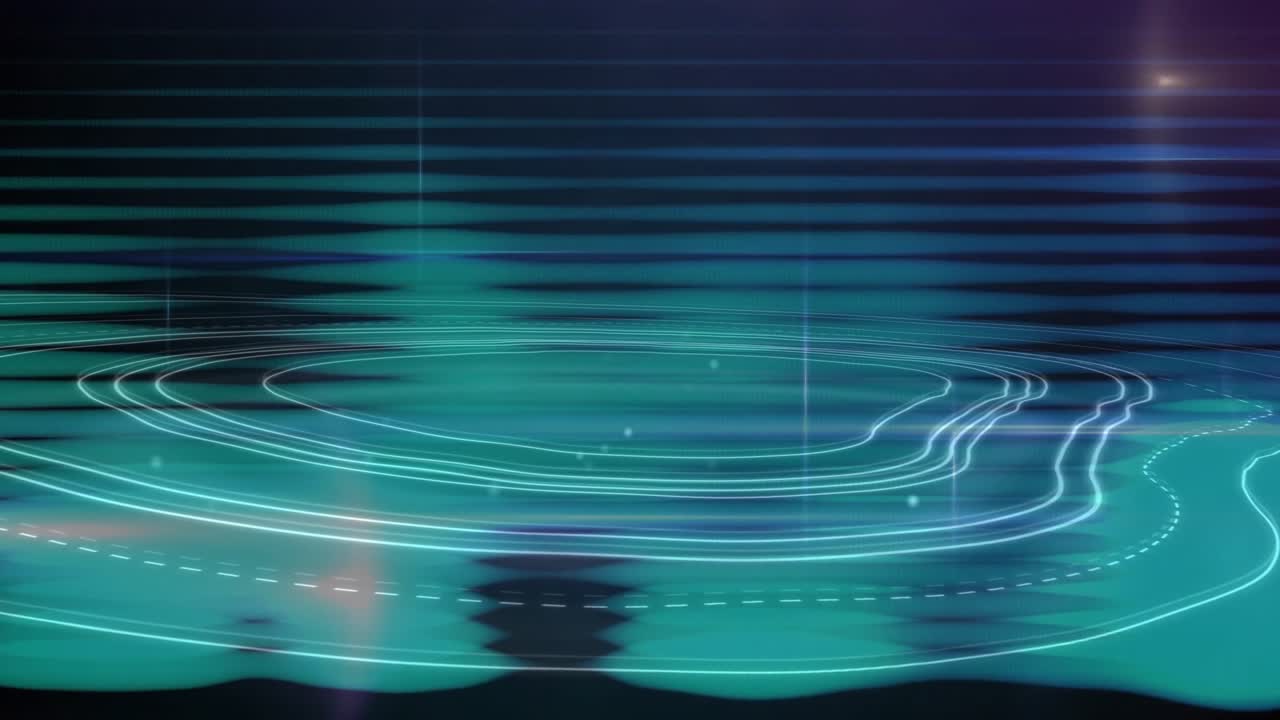 Neon contourlijnen stromen door de scène, met horizontale balken, verticale strepen en deeltjes.