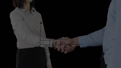 animation of financial data over caucasian businesswoman and businessman shaking hands