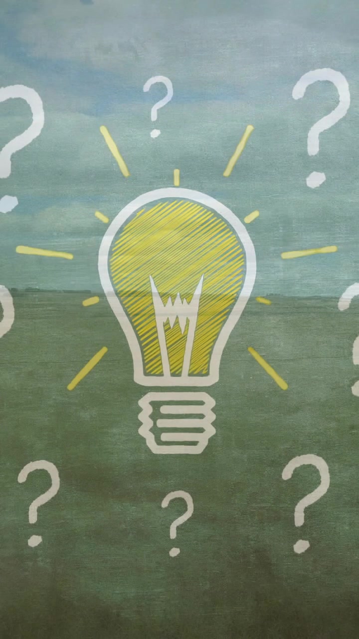Video verticale: Domande che formano i lati, creando il filamento di una lampadina disegnata, con un riempimento giallo che dissipa i dubbi.
