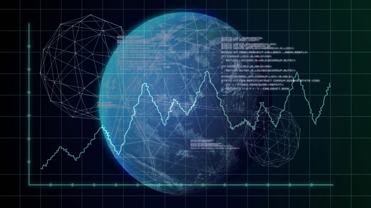 3D render Digital Earth globe spinning, with floating wireframe shapes tracing cyan graphs and code
