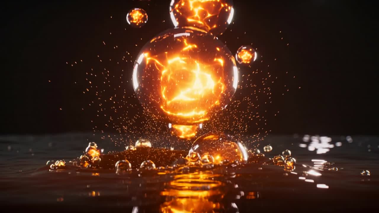 Glowing spheres descending under gravity, hitting liquid, creating splash and ripples for design