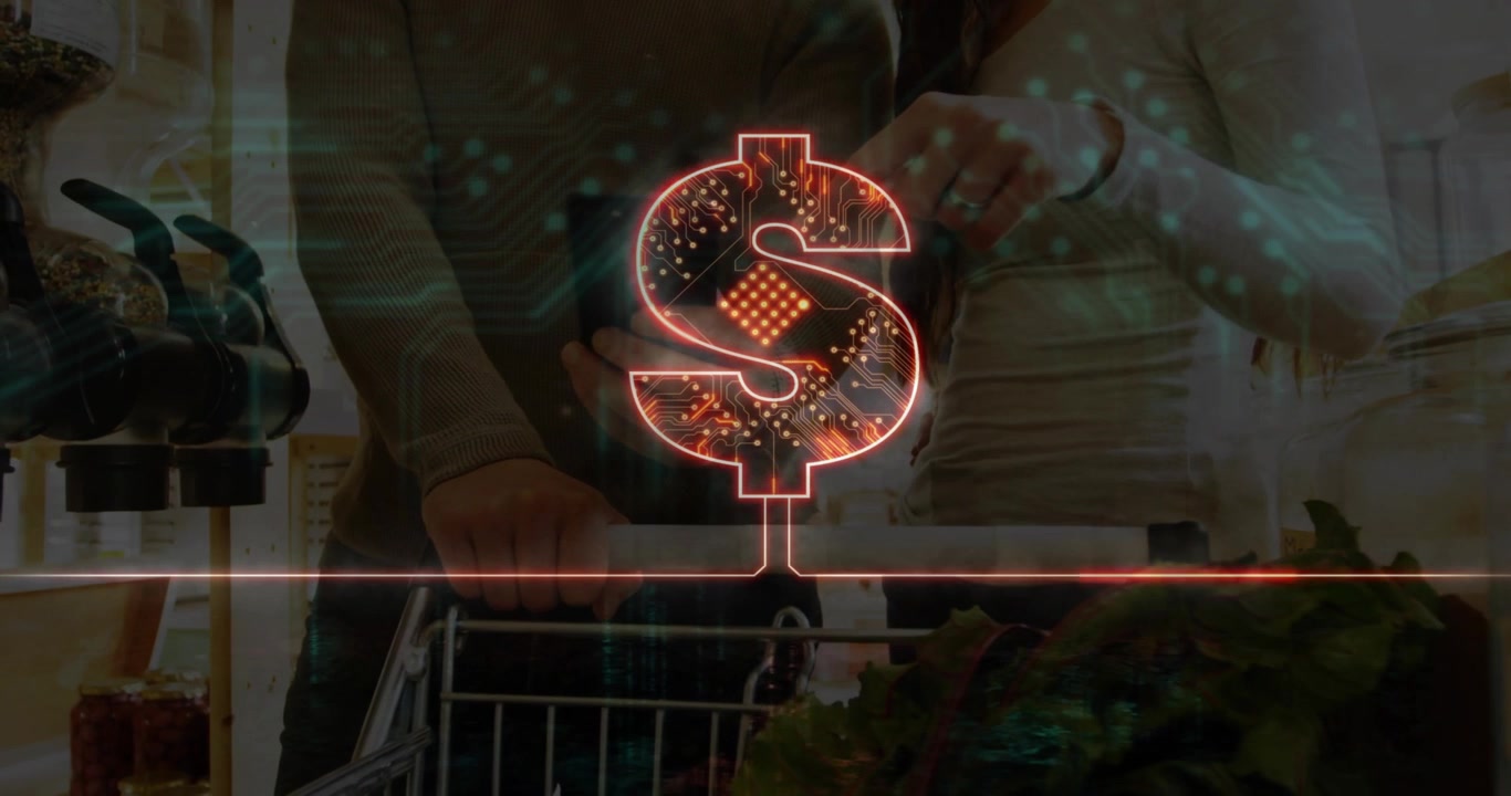 Neon dollarimerkki sykkii ja kipinöi, kaksi ystävää skannaa ja asettaa salaattia ostoskoriin ruokakaupan käytävällä.
