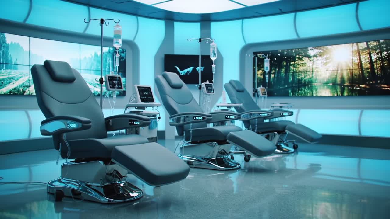 A Modern Medical Facility Showcasing Advanced Treatment Chairs and High-Tech Infusion Equipment in a Sleek, Futuristic Environment with Ambient Lighting