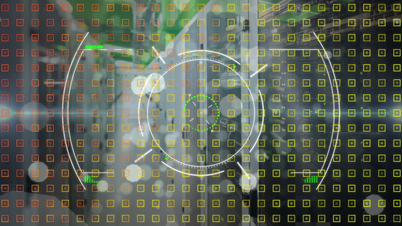 анимация сканирования объекта над белыми пятнами, плавающими на компьютере серверного помещения