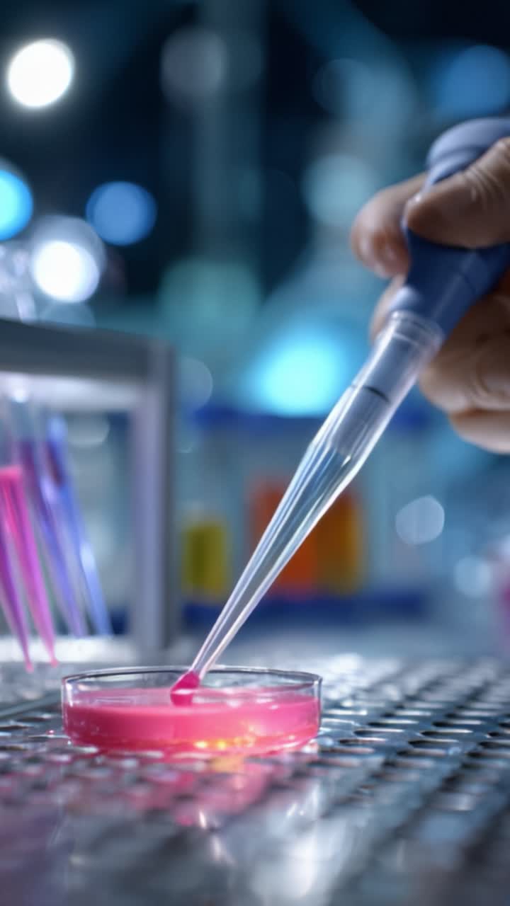 Precision in the Lab: A Scientist Carefully Pipetting a Vivid Pink Liquid into a Petri Dish in a Modern Research Environment with Colorful Backgrounds