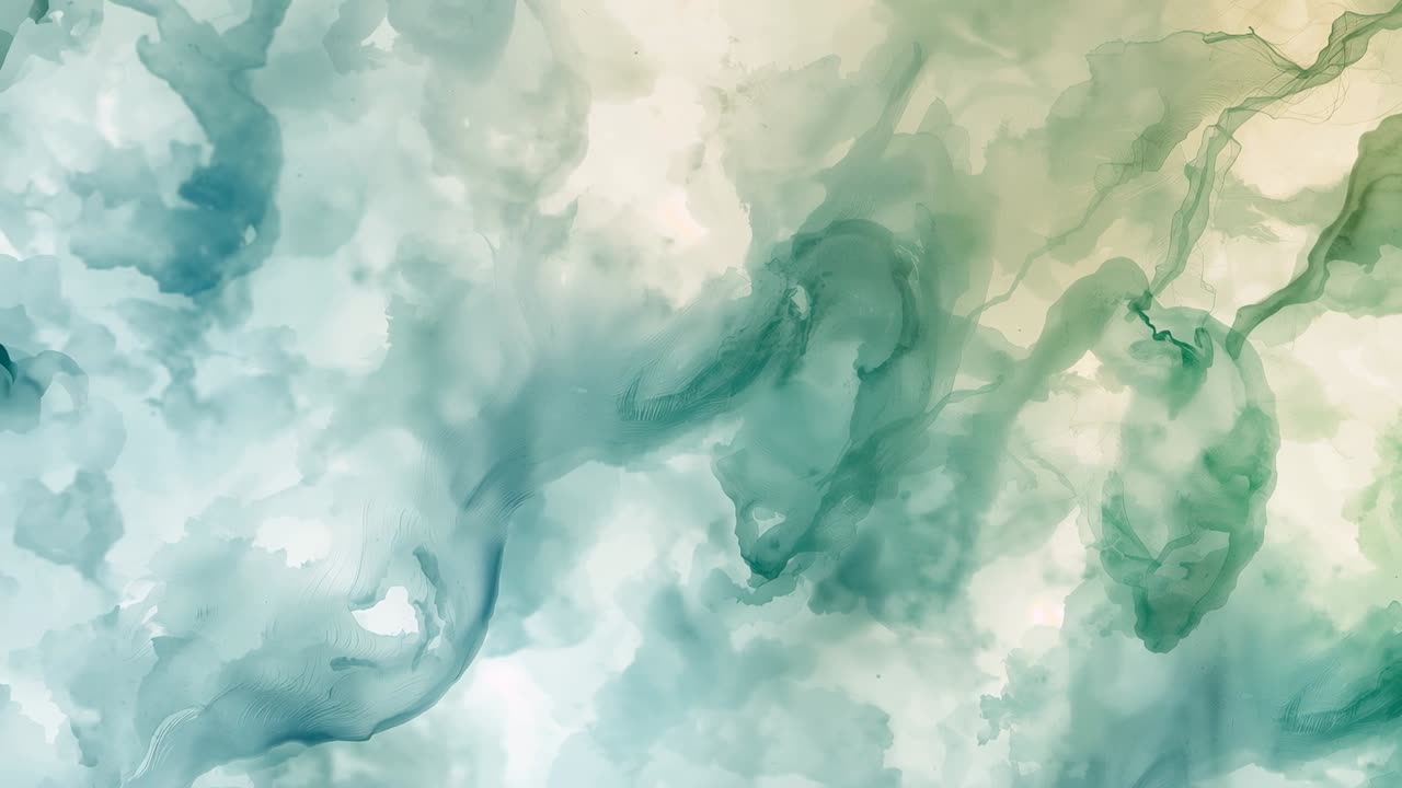 Shifting abstract ink wash showing frame sequence, drifting teal green swirls across paper grain