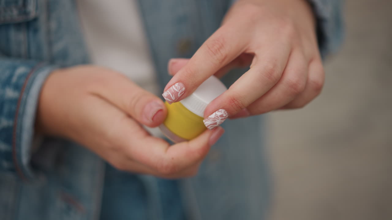Outdoor hands unscrewing yellow jar young woman in denim jacket with floral nails removing inner seal, preparing balm or ointment, overcast background, practical onthego care, pocket routine