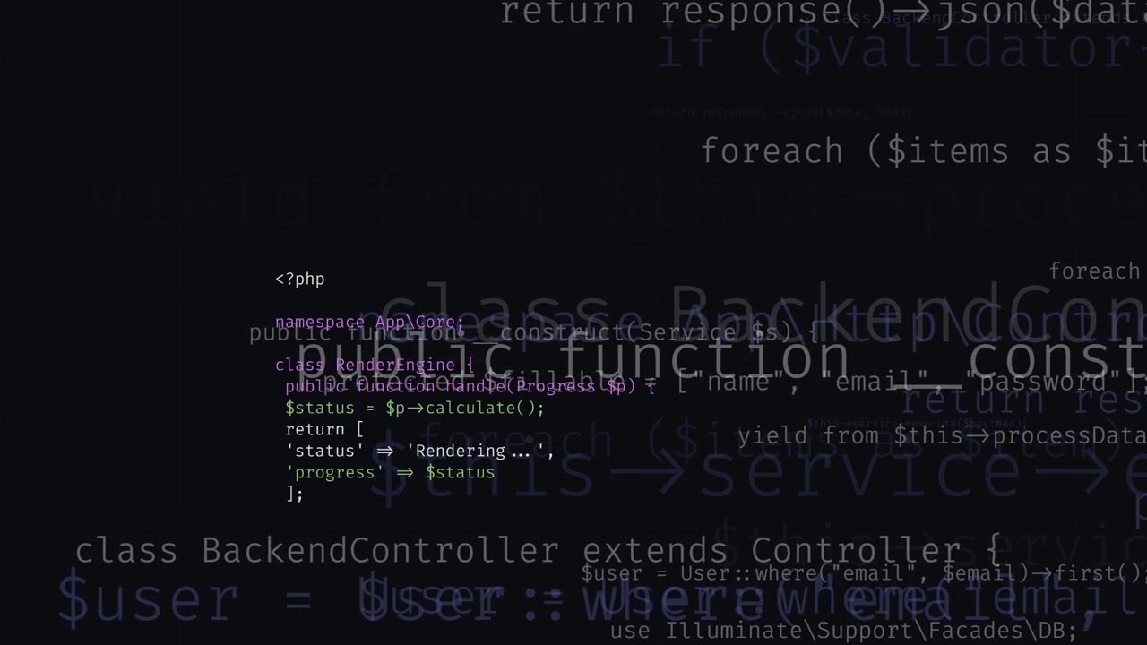 Codice di programmazione PHP che scorre su uno schermo scuro