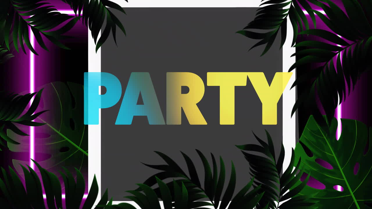Tropical leaves animation framing blank square with neon lights in corners
