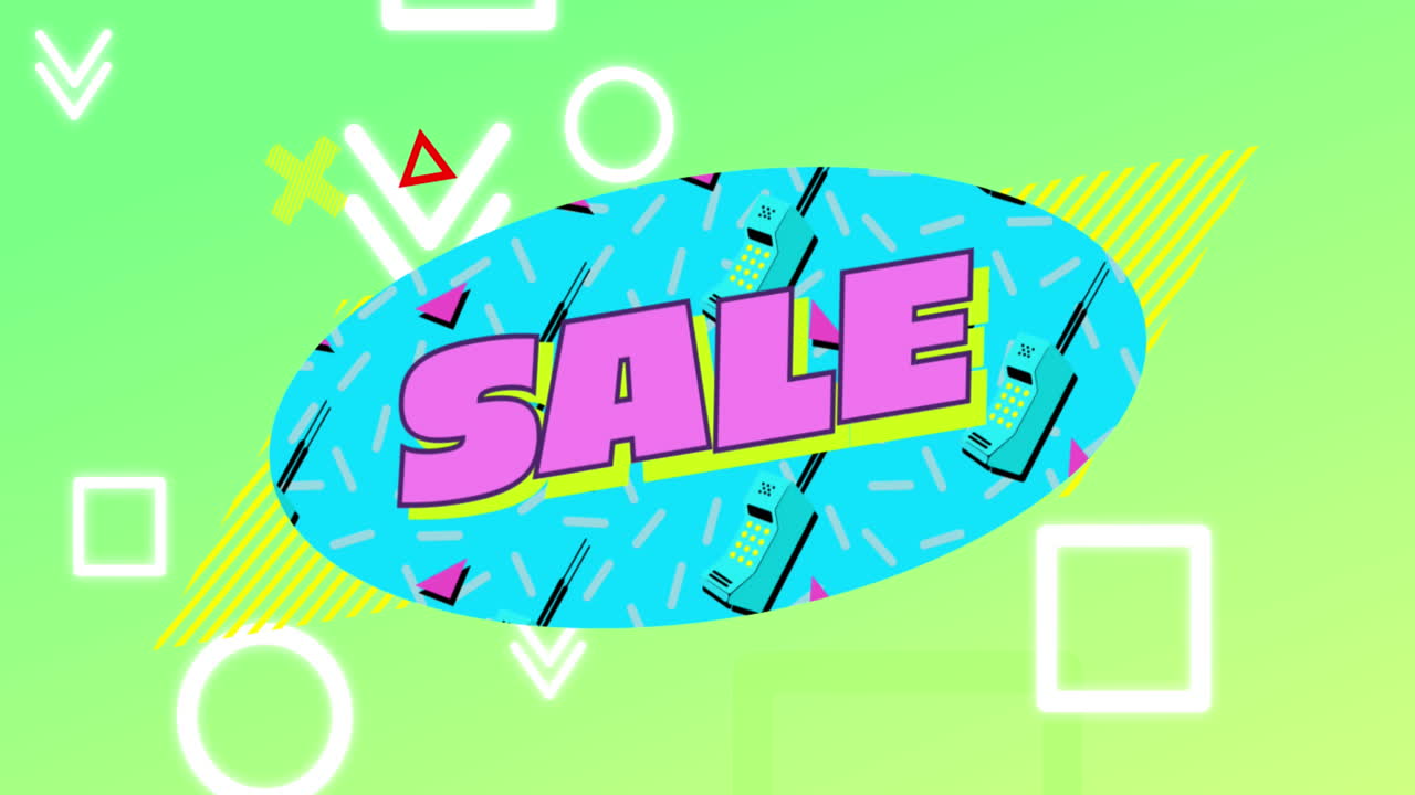 animación del texto de venta en letras rosadas sobre un óvalo azul y formas en fondo verde