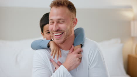 bedroom, hug and father with child in home