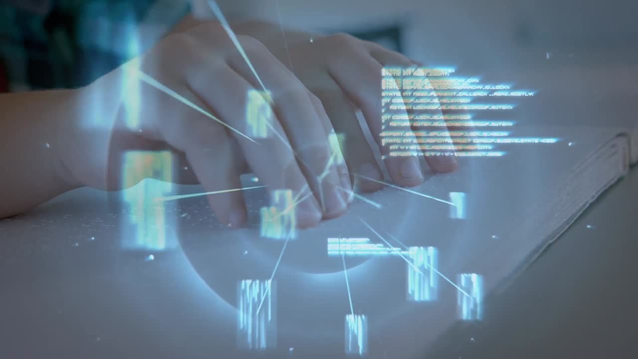 animación de datos que se mueven sobre un niño caucásico ciego que lee un libro en braille con la mano en el escritorio