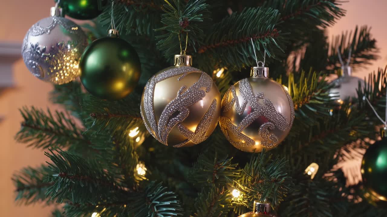 Close-up video of a decorated Christmas tree with shimmering ornaments