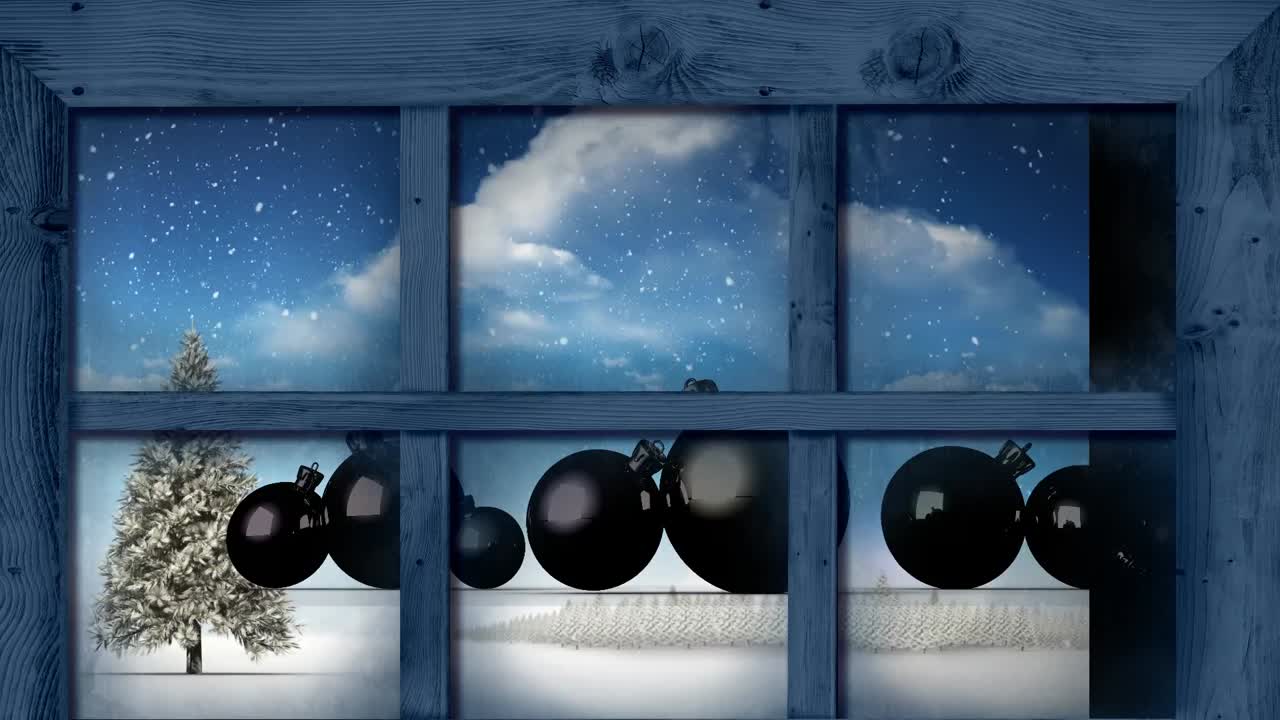 크리스마스 공예품과 겨울 풍경 위에 내리는 눈 위에 나무 창문 프레임