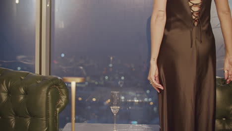 페인 을 마시며 야간 전망 을 즐기는 드레스 를 입은 여자