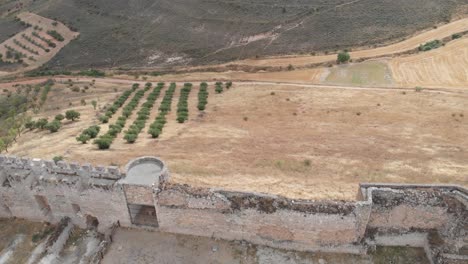 Vista-Aérea-De-Los-Alrededores-Del-Castillo-Del-Cid-Con-Campos-De-Cultivo-Y-Colinas-En-El-Horizonte