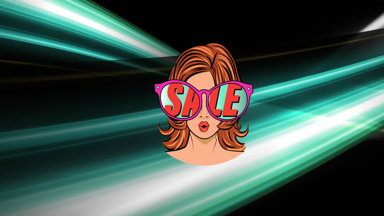 Animation of woman wearing sunglasses with sale text over green light trails on black background
