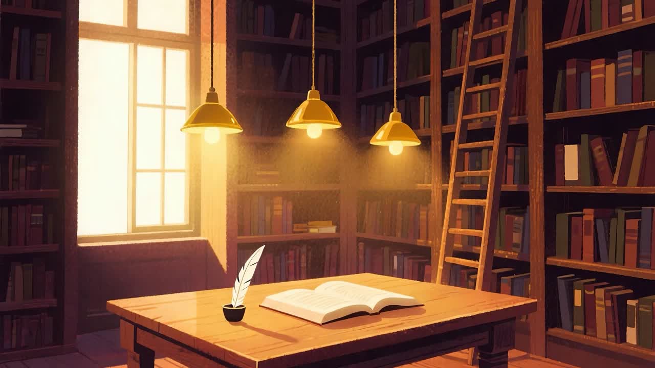 Silence in a library lit by dim light