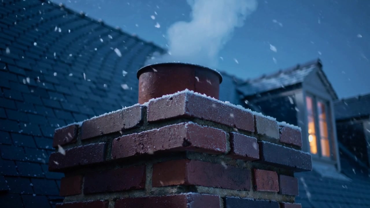 Sending brick chimney releasing white smoke on rooftop as fire starting, heating home, lit dormer