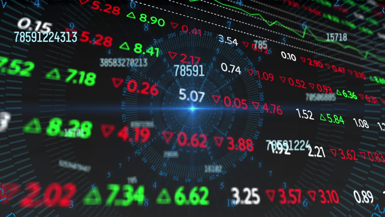 Animation af tal, lys og finansielle data på digital skærm