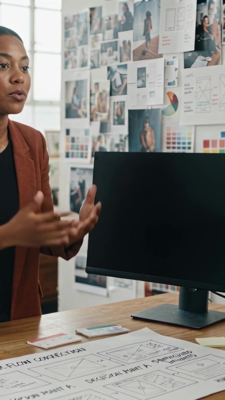 Vertical video: Pitch start designer in rust blazer black top showing layouts at table with screen