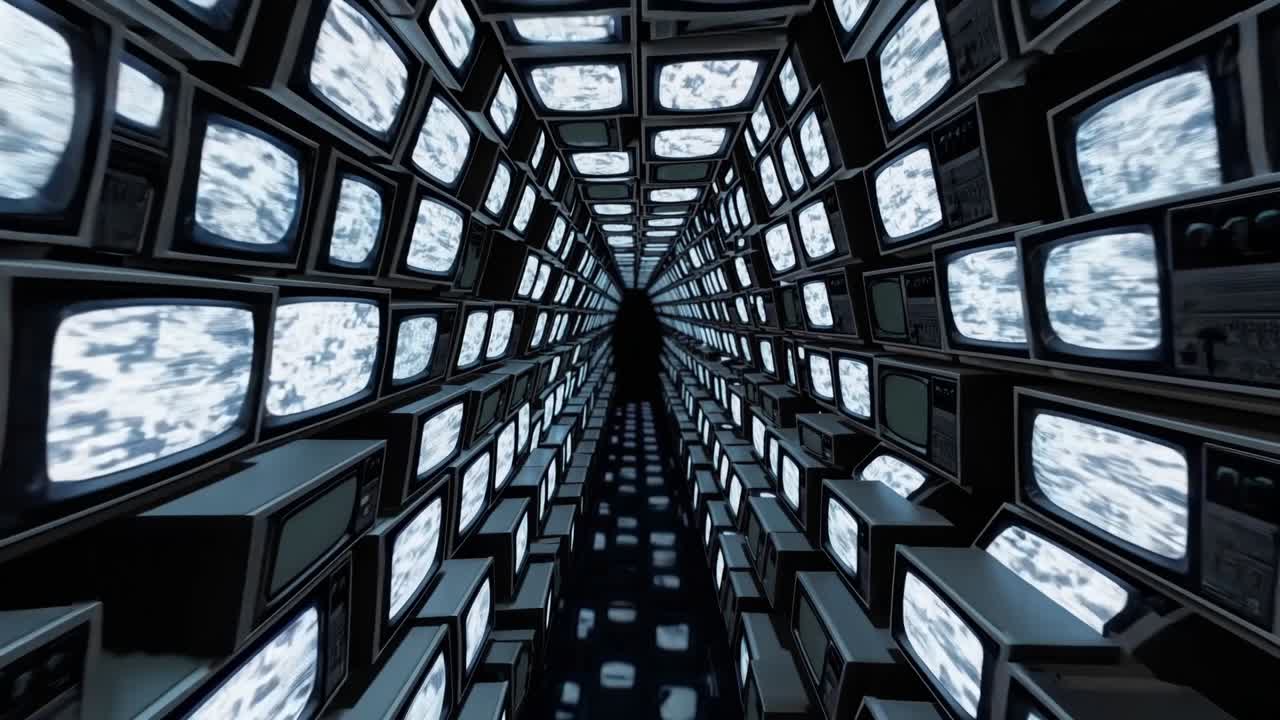 Surreal tunnel of vintage televisions creates an immersive visual experience, showcasing a continuous flow of screens displaying static imagery in a captivating environment