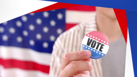 animation of caucasian man holding badge with vote text over flag of usa