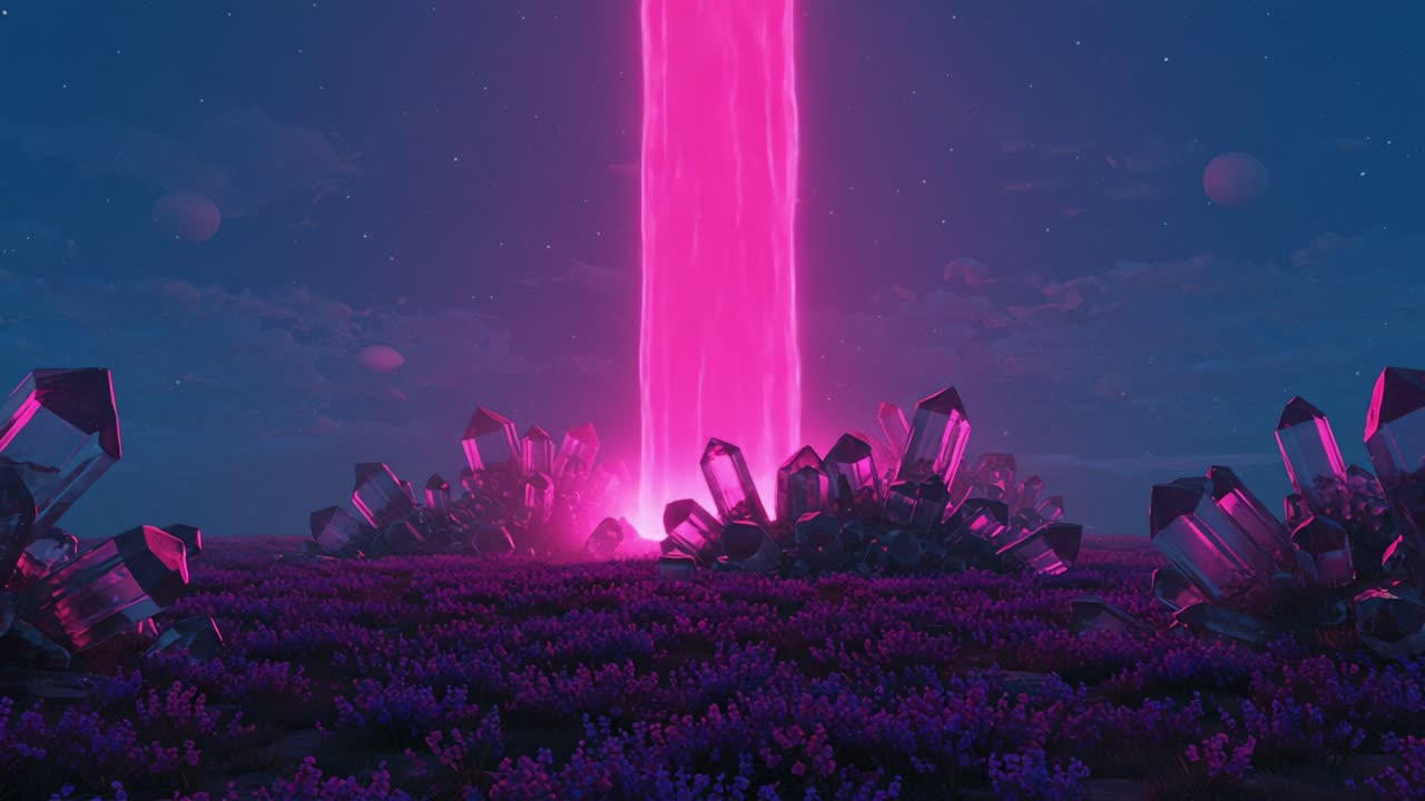 A Stunning Digital Landscape of Vibrant Pink Crystals and a Radiant Energy Beam in a Dreamlike Setting, Captivating the Mystical Evening Sky