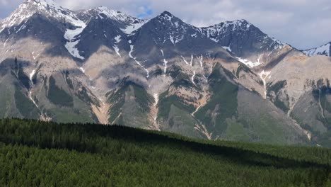 zoomado en drone panorámica a la izquierda revelando enormes montañas nevadas y un vasto bosque de pinos desierto cerca de banff y yoho parque nacional en canadá bajo un cielo parcialmente nublado