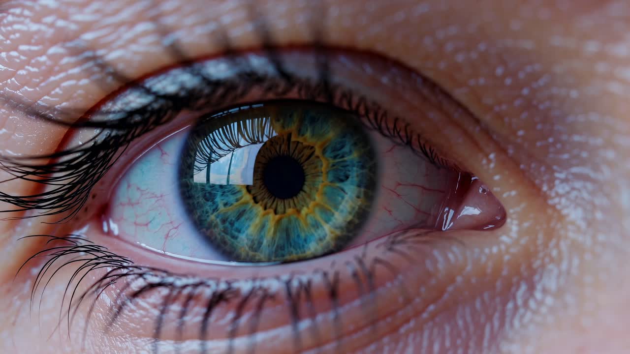 İnsan gözünün yakın çekim videosu, irisin karmaşık detaylarını ve kirpikleri gözler önüne seriyor.