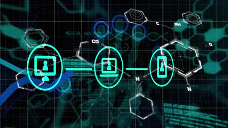 Animation-of-network-of-connections-and-data-processing-over-chemical-formula-on-black-background