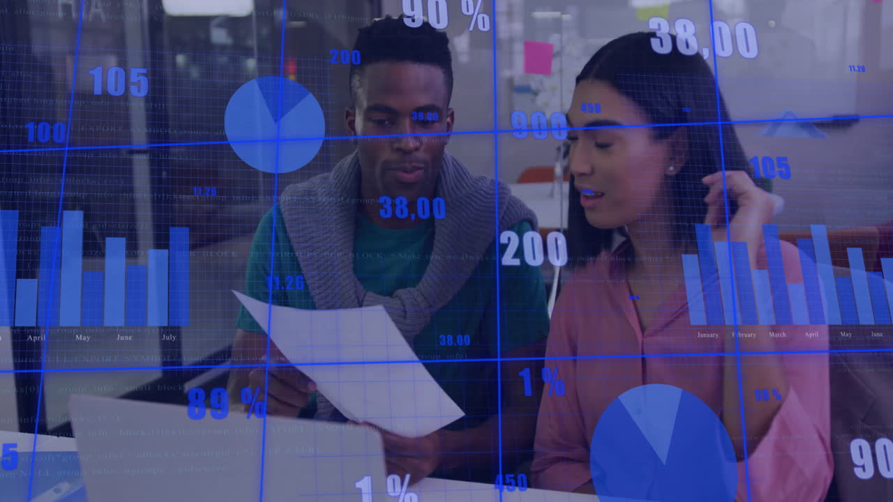 Animation of data processing and diagrams over diverse colleagues discussing work