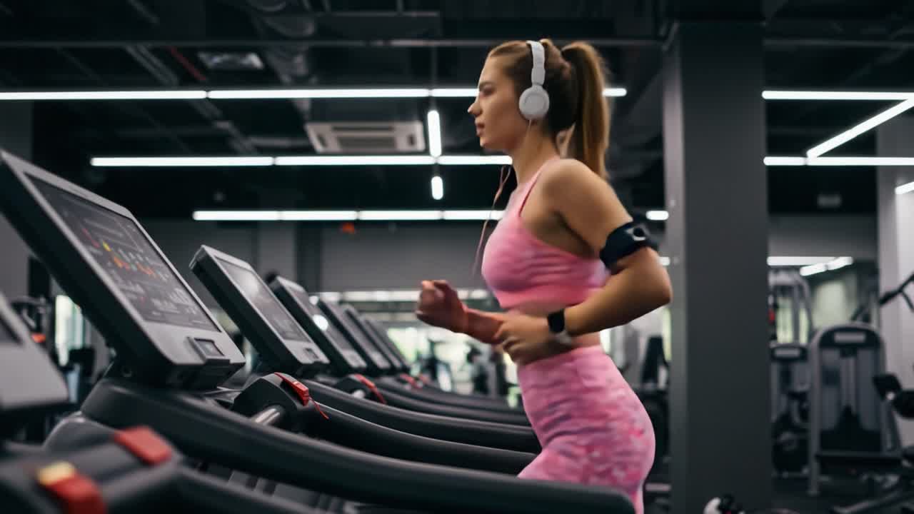 Atleti Dedicati Impostano il Ritmo: Momento Affascinante di una Giovane Donna che Fa Jogging su un Tapis Roulant in una Palestra Moderna, Immersa nella Musica e Concentrata sugli Obiettivi di Fitness