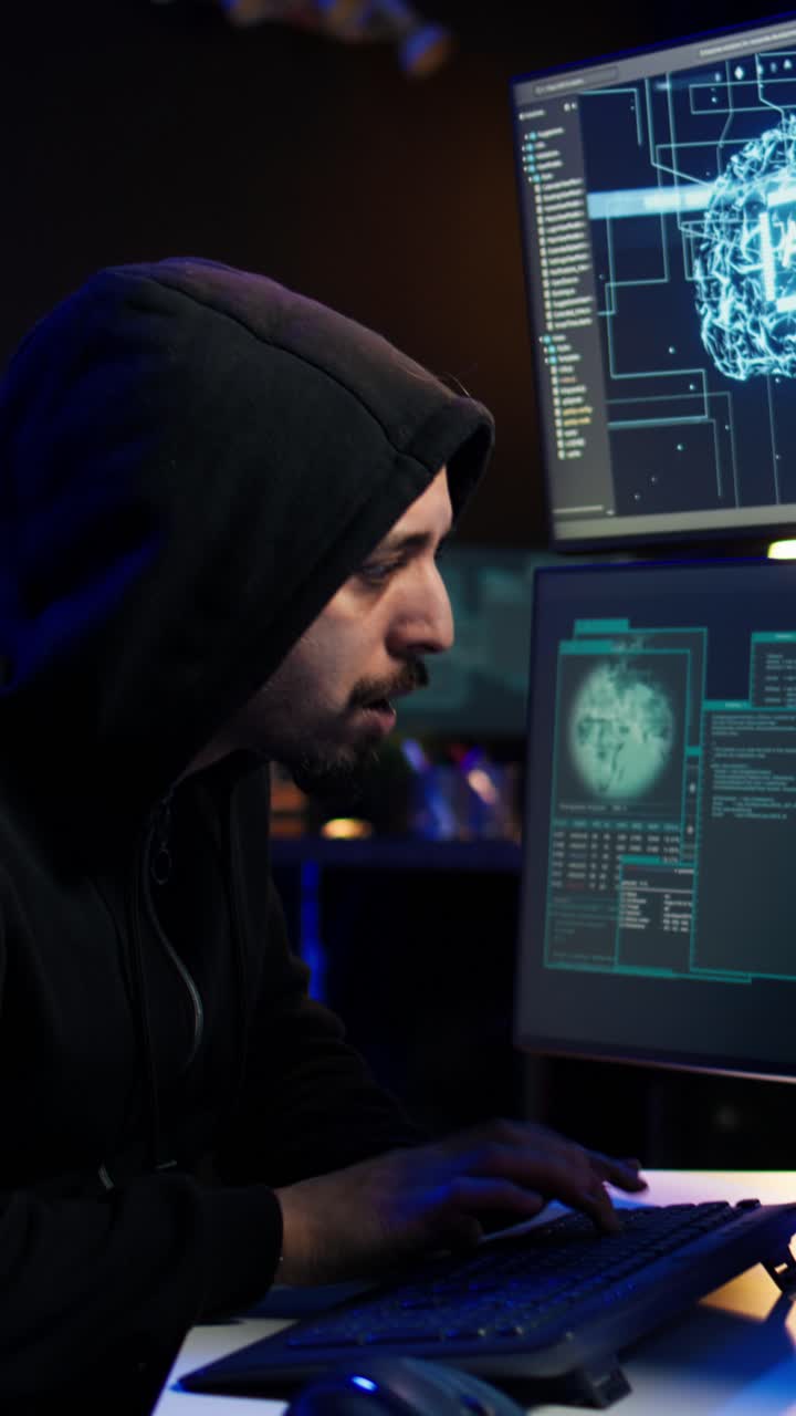 Video verticale Criminale informatico malvagio che utilizza il deep learning dell'IA per produrre virus che danneggiano i dati