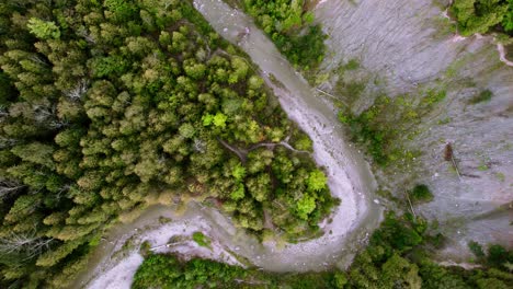 sobrecarga aérea de un río sinuoso que atraviesa un denso paisaje forestal con un acantilado erosionado, tiro ascendente