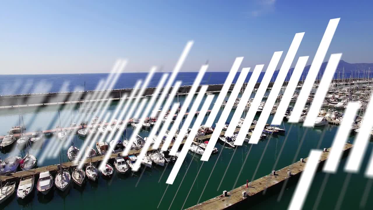 White bars entering from right sweeping diagonally left while drone panning right, revealing marina