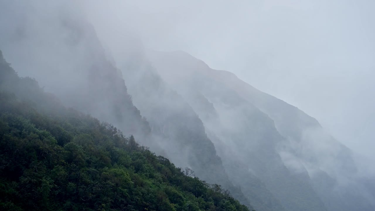 Moody Atmospheric Mountains Background with Copy Space, Rugged Dramatic Mountain Scenery in Nepal with Layers of Clouds and Mist in the Himalayas, Rocky Rugged Mountain Background
