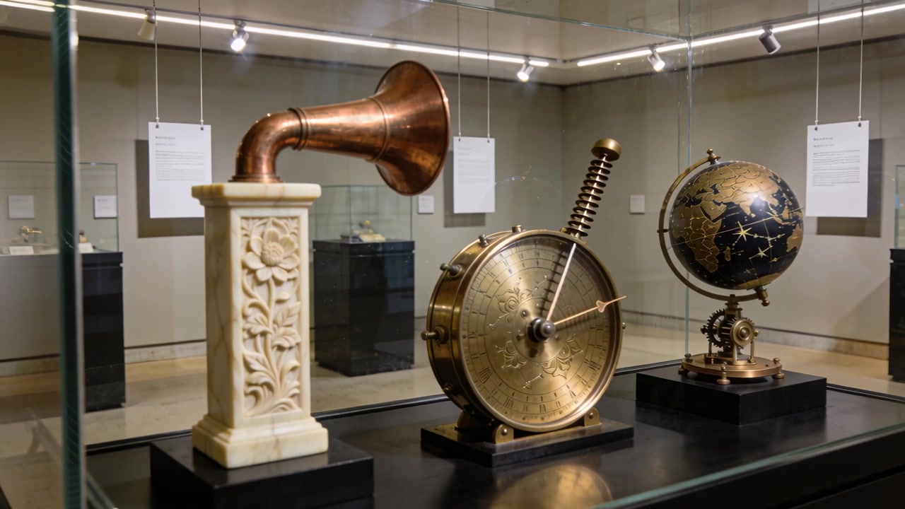 Panorerende kameraskyder bevæger sig mod højre gennem museumsgalleri og afslører messingurskive, horn og globus