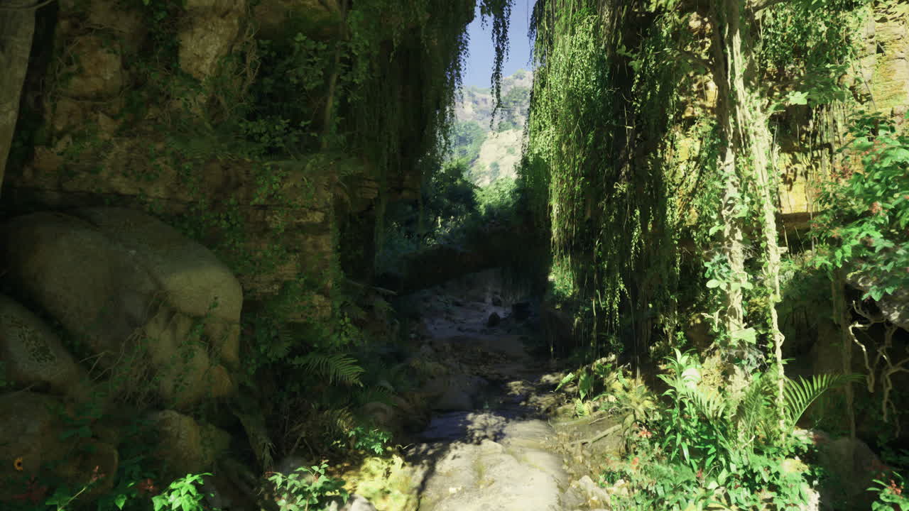 Majestic view of a serene natural canyon surrounded by lush greenery