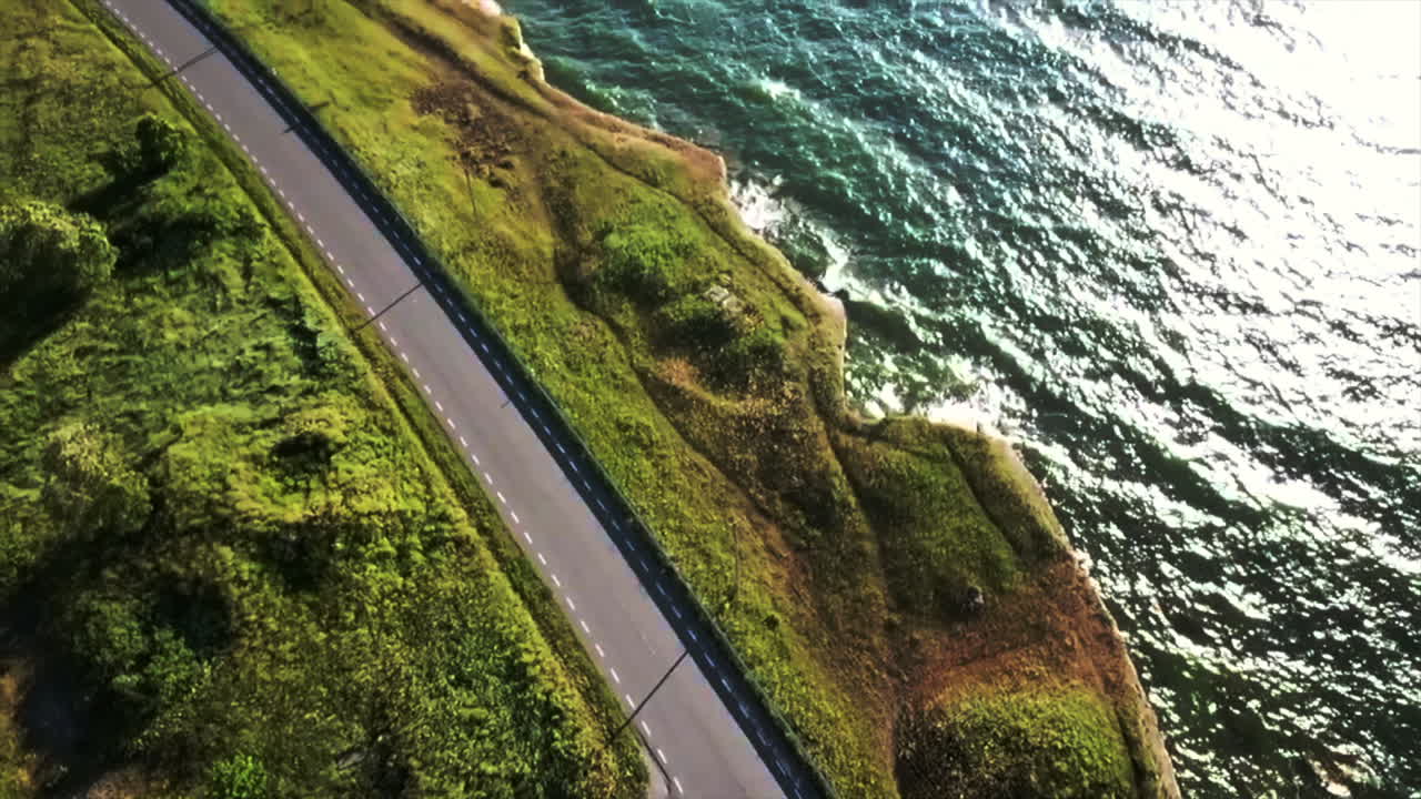 Aerial View of a Coastal Road and Lighthouse